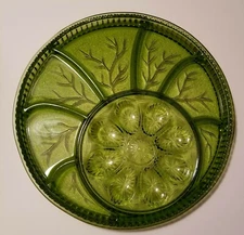 Indiana Glass Green Deviled Egg Hors DOeuvre Tray Tree of Life Platter 13 Inches