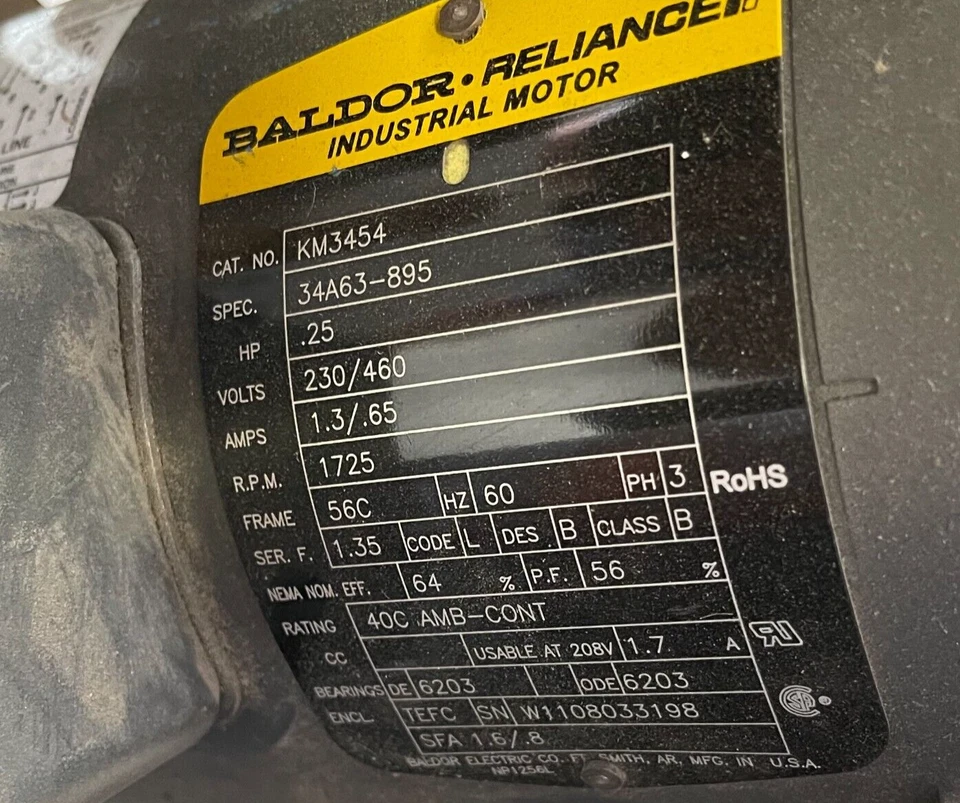BALDOR 1/4 HP MOTOR 1725 RPM 230/460 V FRAME 56C KM3454 - Image 2 of 2