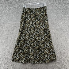 VTG Carole Little Skirt Women 12 Olive Green Geo Print 90s Y2K Midi Flare
