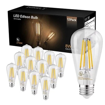 TJOY 12 Pack Vintage 8W ST58 LED Edison Light Bulbs, Dimmable, 60W Equivalent