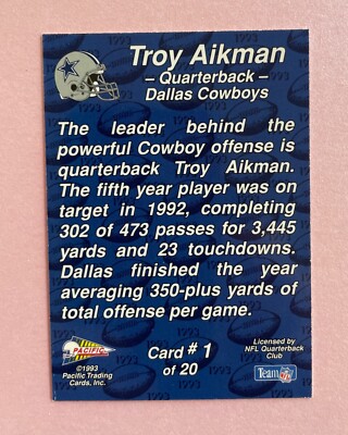 1993 Pacific Football Troy Aikman #1 of 20 HOF Dallas Cowboys | eBay