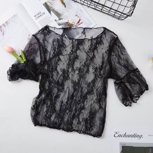 Chiffon with Hollow Out Lace Backing Shirt See Through Mesh Top Summer - Picture 12 of 14