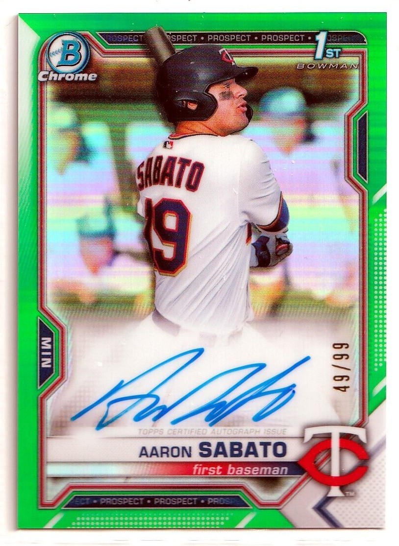 2021 Bowman Chrome Prospect Autographs Green Refractors #CPAAS Aaron Sabato /99
