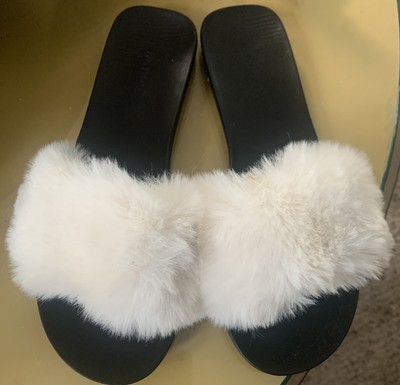 White Faux Fur Slip on Flat Slides Shoes Slippers Bamboo Full Moon Women Size 7