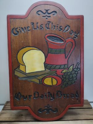 Hand Painted Spruce Wood Plate Give Us This Day Our Daily Bread Wall Art Carved