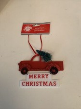 Christmas Ornaments Red Pick-Up Trucks Carrying Trees w Loops  Merry Christmas