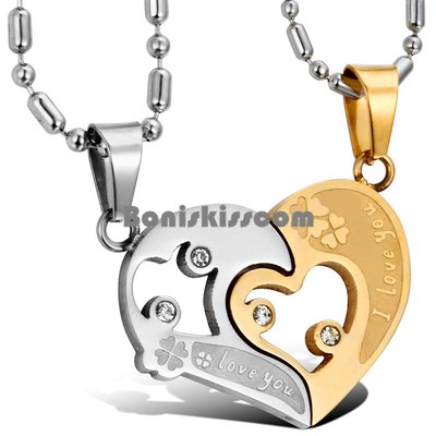 I LOVE YOU Heart Lucky Clover Couple Matching His and Hers Pendant Necklaces