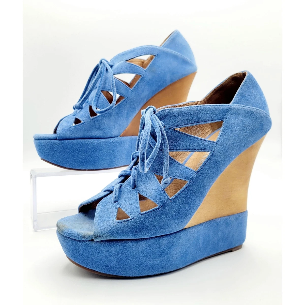 Jeffrey Campbell Blue Suede Harlow Platform Lace Up Wedge Shoes