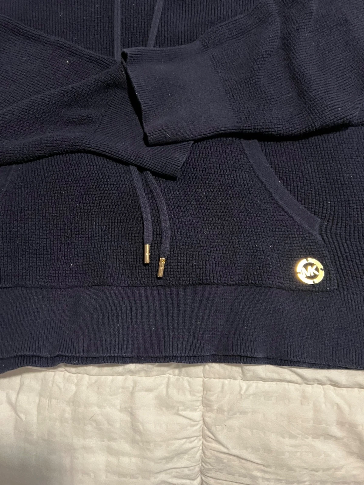 Michael Kors Waffle Knit Pullover Felpa con Cappuccio Blu Oro Ferramenta Taglia L