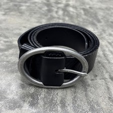 Vintage Black Leather Patterned Heavy Silver Oval Buckle Belt 42 in Long