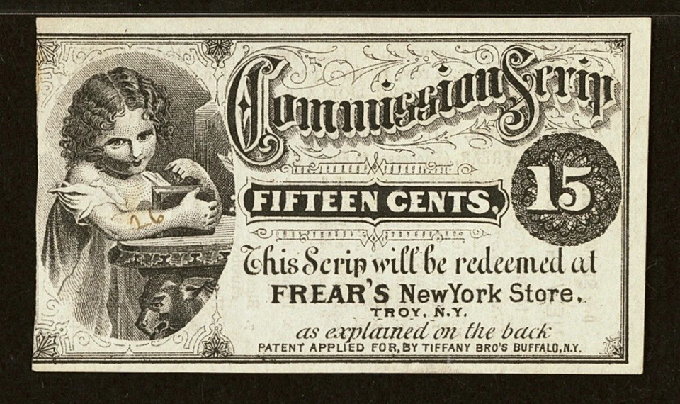1870s NEW YORK Troy. 15 Cents Frear’s Store Scrip 15c Bank Note Currency, PMG 58 - Image 3 of 4