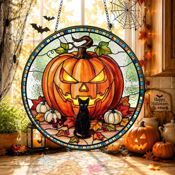 Buntglas SonnenfäNger KüRbis Fensterdeko HäNgend 20 X 20 Cm FüR Halloween Garten-image