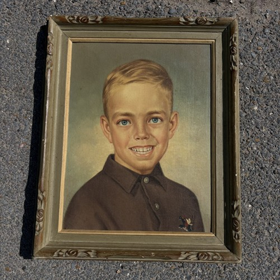 #ad VTG 50s 60s MCM Smiling Young Boy Framed Portrait Canvas Oil Painting Realism $160.00
