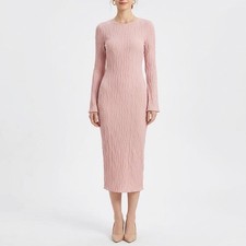 SHEIN Pink Textured Open Back Tie Maxi Dress Long Sleeve Bodycon AV795 Small