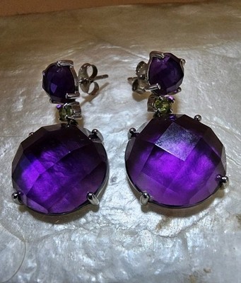 Ross Simons Sterling Silver Amethyst Peridot Drop Earrings Checkerboard Cut