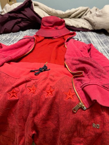 RICH GANG Matching Sweatshirt, Pants, and Hat Size L Red w/ Gold Trim SUPER RARE