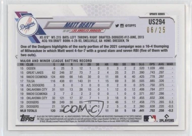 2021 Topps Chrome Update Sapphire Edition Orange /25 Matt Beaty #US294 - Image 2 of 2