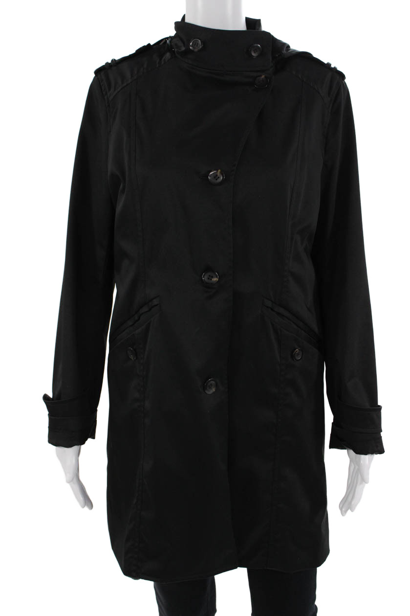 Cole Haan Women Trench Rain Coat Black Button High Neck Long Sleeve Size 8Free Shipping in US $100+ Orders | $6.95 Orders Below