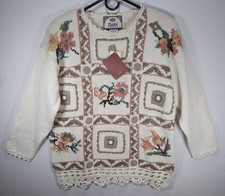Vintage Tiara Intl Women's Embroidered Crochet Cream Floral Sweater Size Medium
