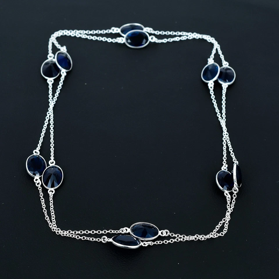 Collar de regalo étnico de piedras preciosas ovaladas de plata de ley 925 de iolita 36" VJ 253 Foto 2 de 4