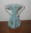 Murano Glass Mini Vase Ribbon Glass Latticino Turquoise, White 4 1/4" High