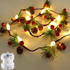 Christmas Garland with Lights,7FT Pinecones Christmas String Lights with Red ...