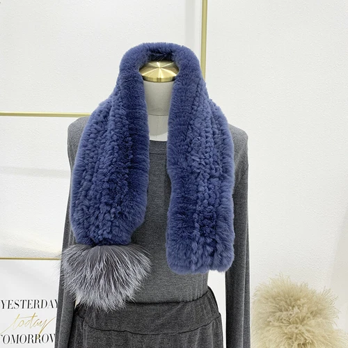 Real Rex Rabbit Fur Scarf Winter Warm Neckerchief Fox Fur Pom pom Fluffy Soft - Picture 7 of 24