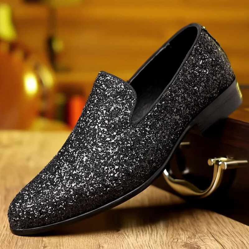 Black Sequin Loafers Men's Black Glitter Shoes Loafers Gentleman's