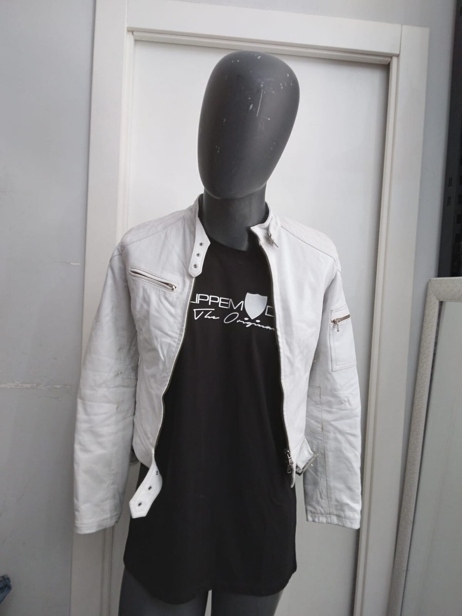 Veste En Cuir Véritable Pour Femme - Taille 44, Couleur Blanc, Vintage - Occasion En Très Bon état, Fermeture Velcro