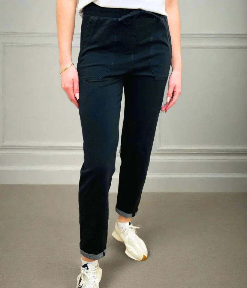 Joggers Women Cotton Rich Dark Denim Stretch Straight Leg Elastic Waist Trousers - Image 3 of 4