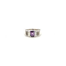 Sterling Silver Emerald Cut Amethyst And Marcasite Ring Stone 5 x7mm 