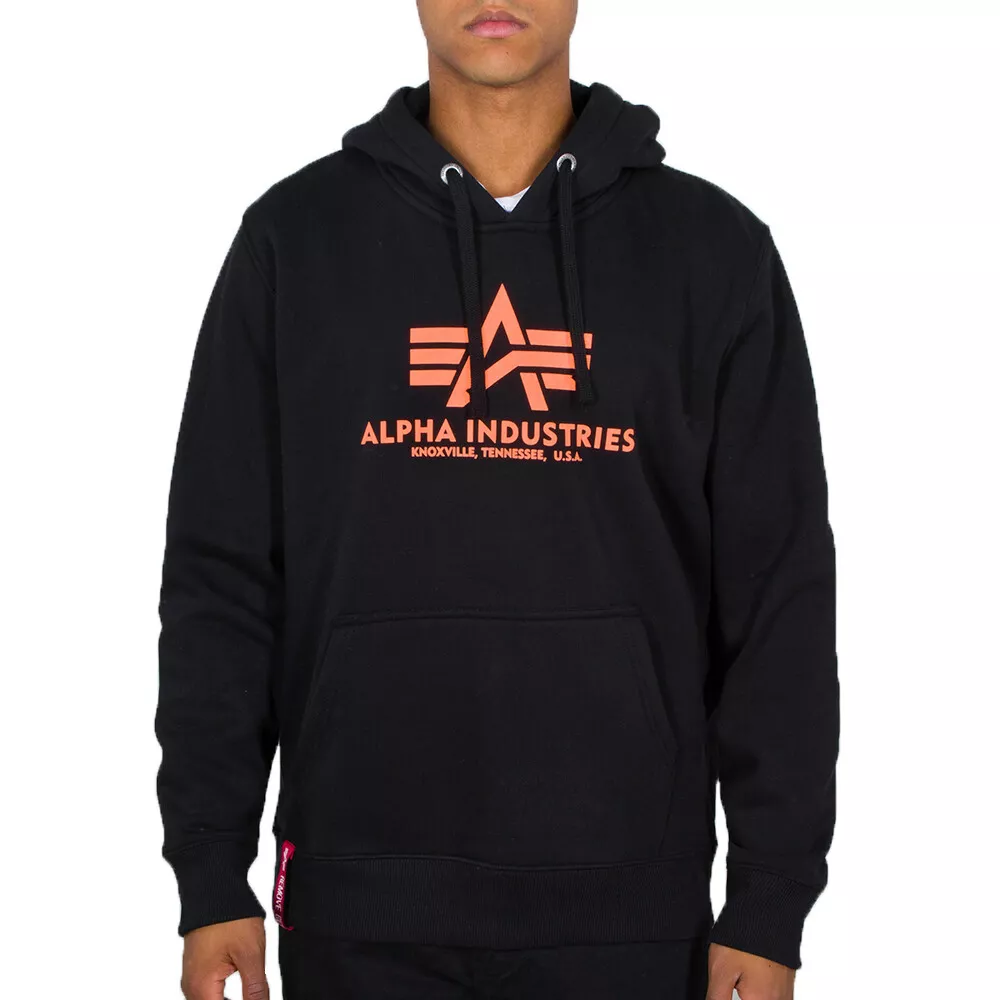 Alpha Industries Herren Hoodie Basic Logo Neon Print black/neon orange |  eBay