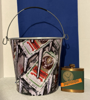 Jagermeister Liqueur ''ICED BOTTLES'' Metal Ice Bucket and Metal Flask