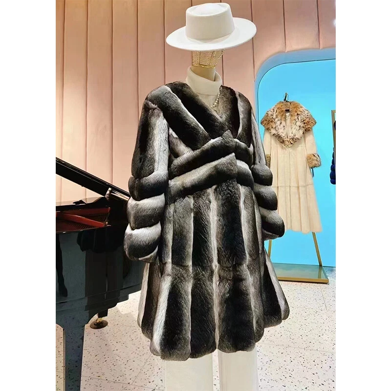 Abrigo de piel de conejo Rex 100 % real para mujer Abrigo de chinchilla cálido Dobladillo Prendas exteriores Foto 3 de 4