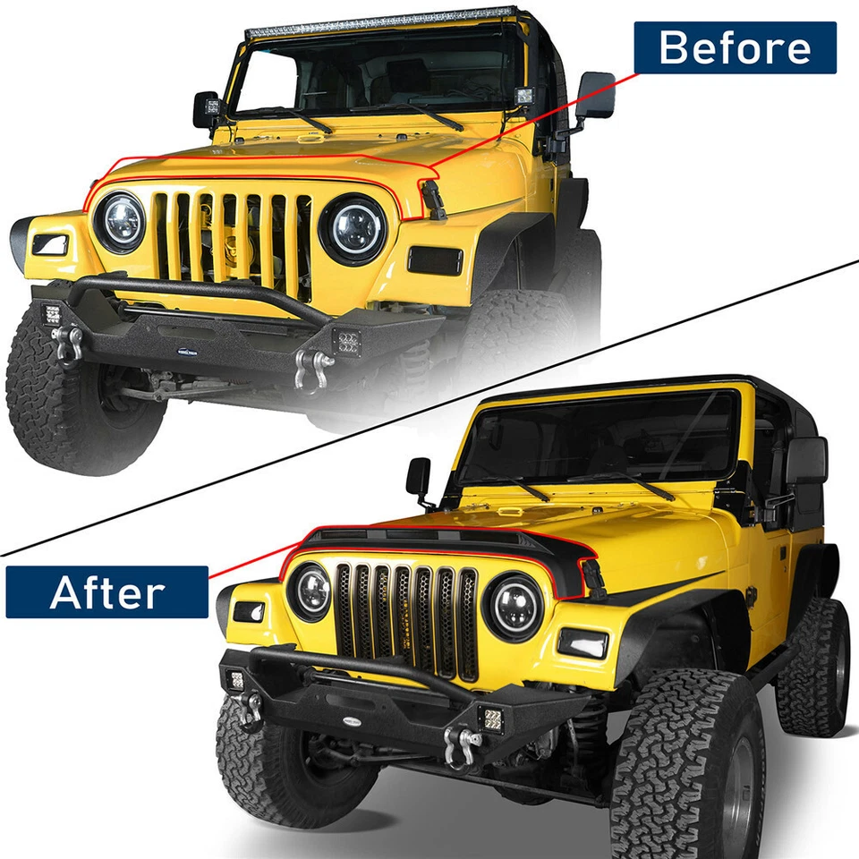 Durable Hood Protector Stone Guard w/ LED Amber Light for Jeep Wrangler TJ 97-06 Foto 3 de 4
