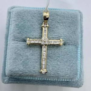 Authentic Baguette Lab Created Diamond Catholic Cross Pendant 14k Yellow Gold Plated