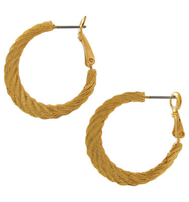 Gold Tone Flat Spiral Rope Twisted Solid Hoop Pierced Earrings 1 1/8''
