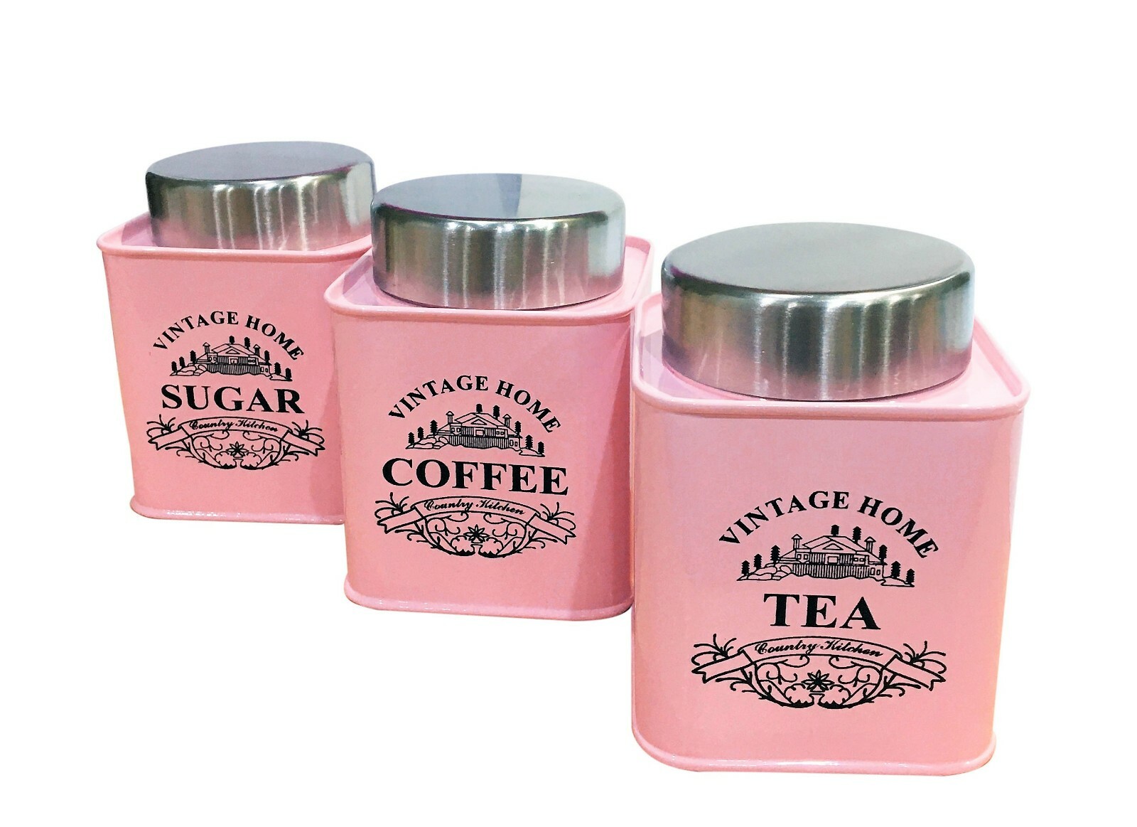 Vintage Retro Pink Tea Coffee Sugar Jars Black Labels