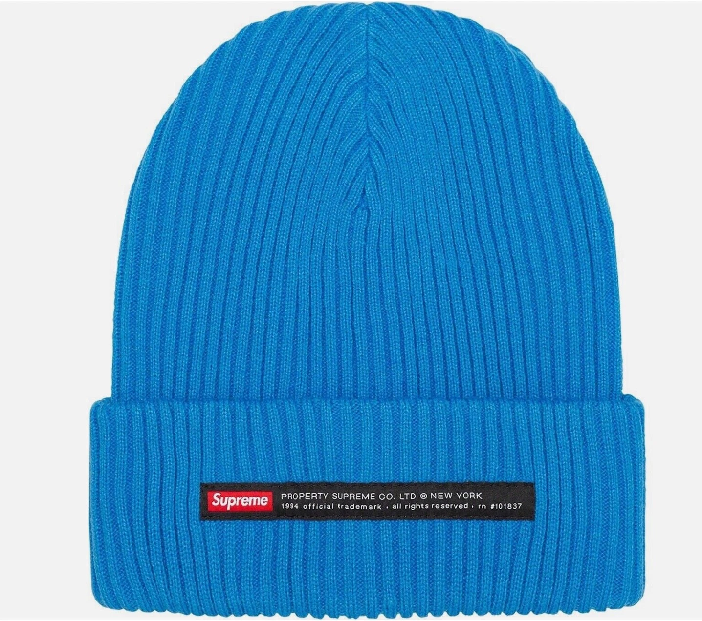 Casquette chapeau tricot logo manchette bleu vif étiquette propriété suprême FW22 OS