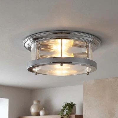 Deckenleuchte Deckenlampe Badezimmer IP44 Ø 40 cm rund Chrom 2x E27 Glas Metall - Bild 1 von 4