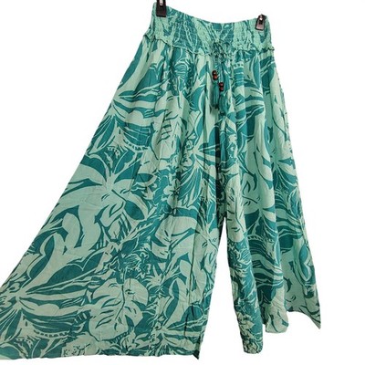 True Destinations Teal Tropical Floral Wide Leg Palazzo Pants Smocked Waist L