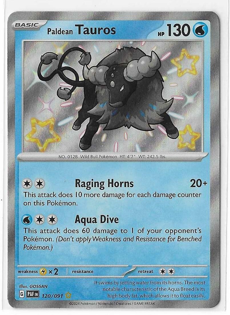 Paldean Tauros - 120/091 - Pokemon Paldean Fates Shiny Rare Card NM