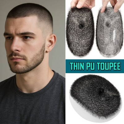 Thin Skin PU Mens Toupee Hairpiece 100% Human Hair System Wigs Short Buzz Cut US
