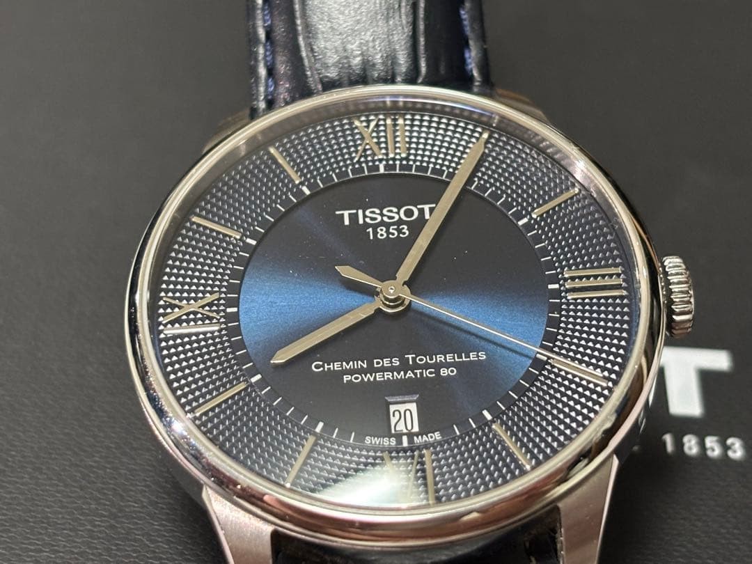 TISSOT Chemin des Tourelles Powermatic 80 Blue Black Leather Dress Watch