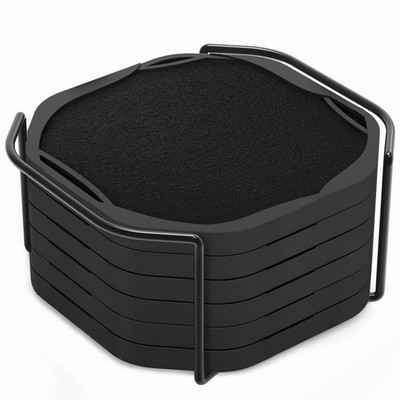 UMIRRO Black Octagon 4'' Felt & Silicone Drink Cup Coasters 6 Pack, 01.