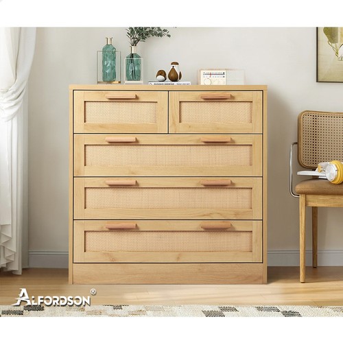 ALFORDSON 5 Chest of Drawers Storage Cabinet Rattan Dresser Tallboy Oak - Picture 11 of 12