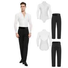 Mens Dancewear Performance Set Waltz Dance Outfit Leotard Lapel Collar Samba