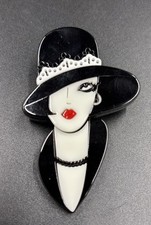 Acrylic 3D Art Deco Vintage Style Black Hat Lady Brooch Shawl Lady Pin Flapper