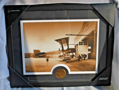 BOEING Framed photo ''First Flight'' 1916 Model 1 B & W Seaplane, coin/certificate