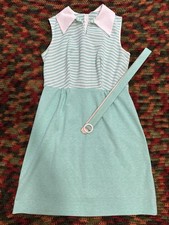 Vtg 50  s 60  s Preppy Robins Egg Blue Striped Peter Pan Collar Dress Belt Sz L